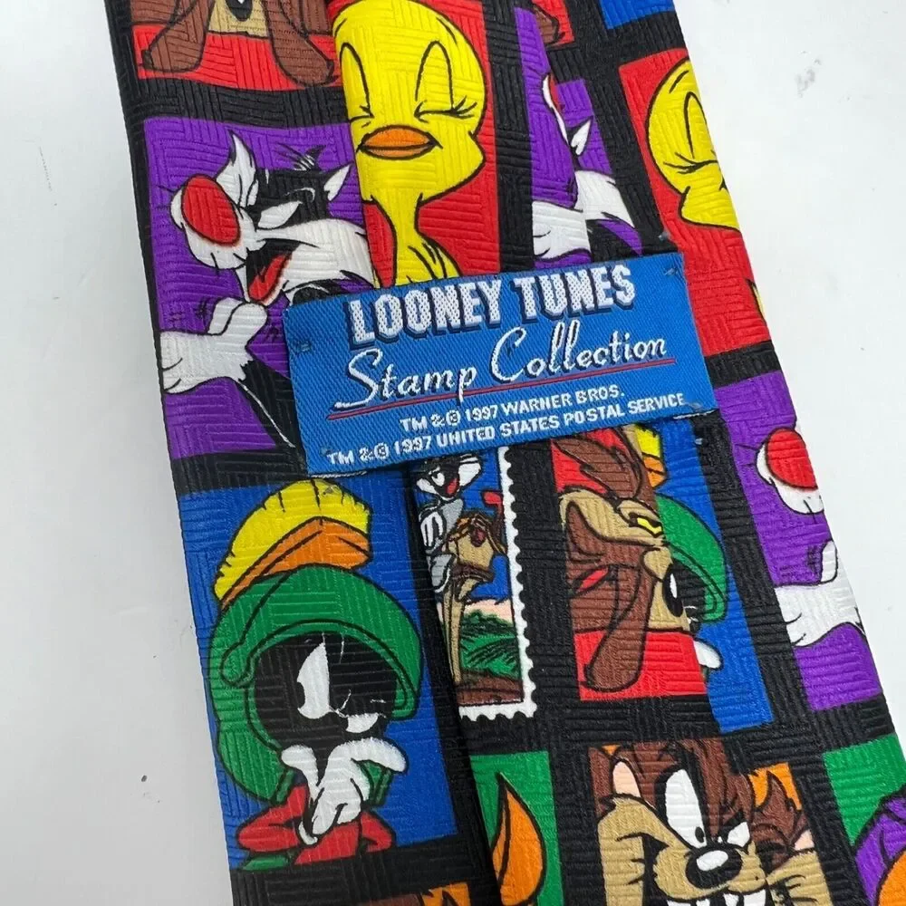 Vintage Looney Tunes Necktie Men Black Shirt Tie Geometric Stamp Pattern Cartoon